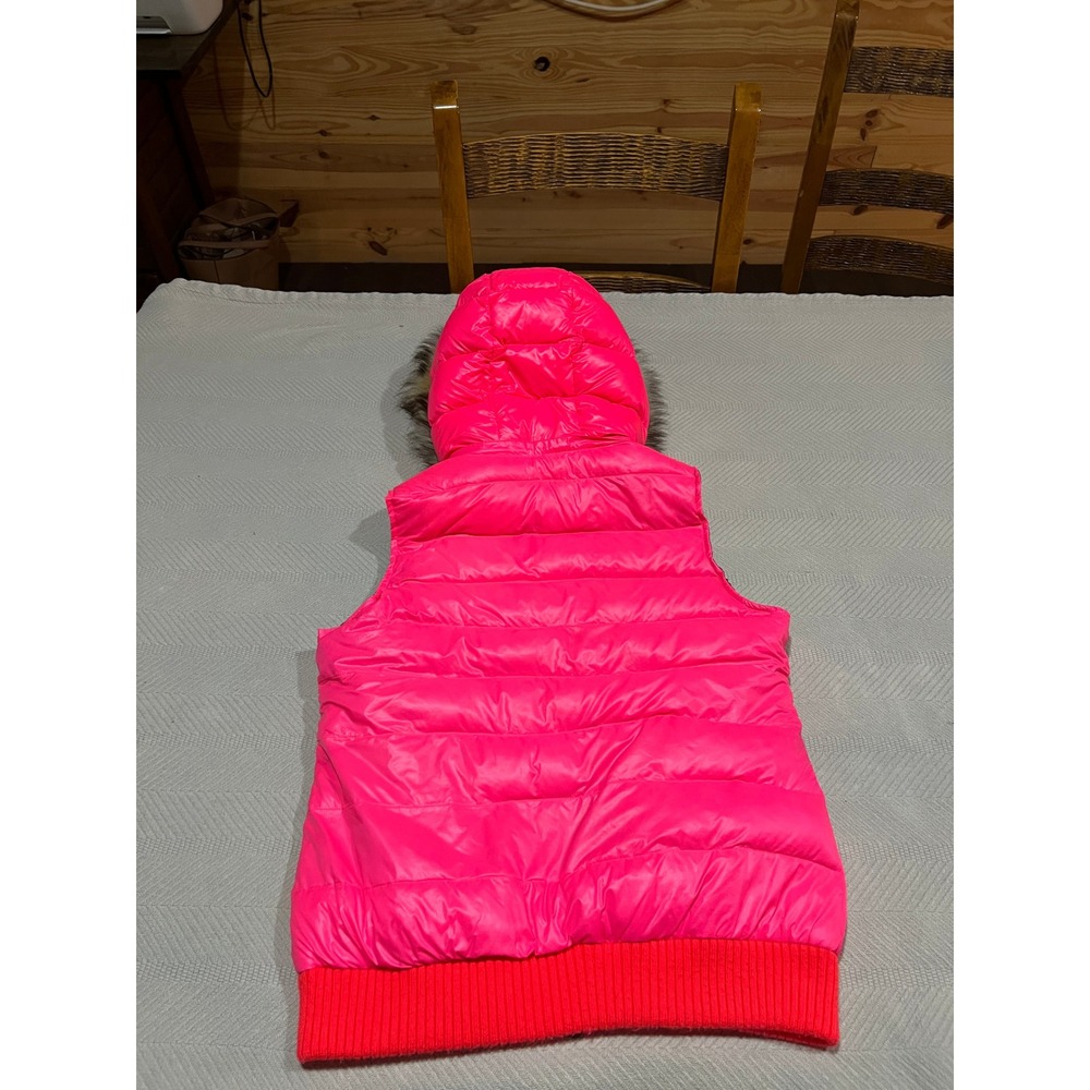 American Eagle Neon Pink Down Puffer Vest Detachable Faux Fur Hood Women Small - Picture 3 of 7